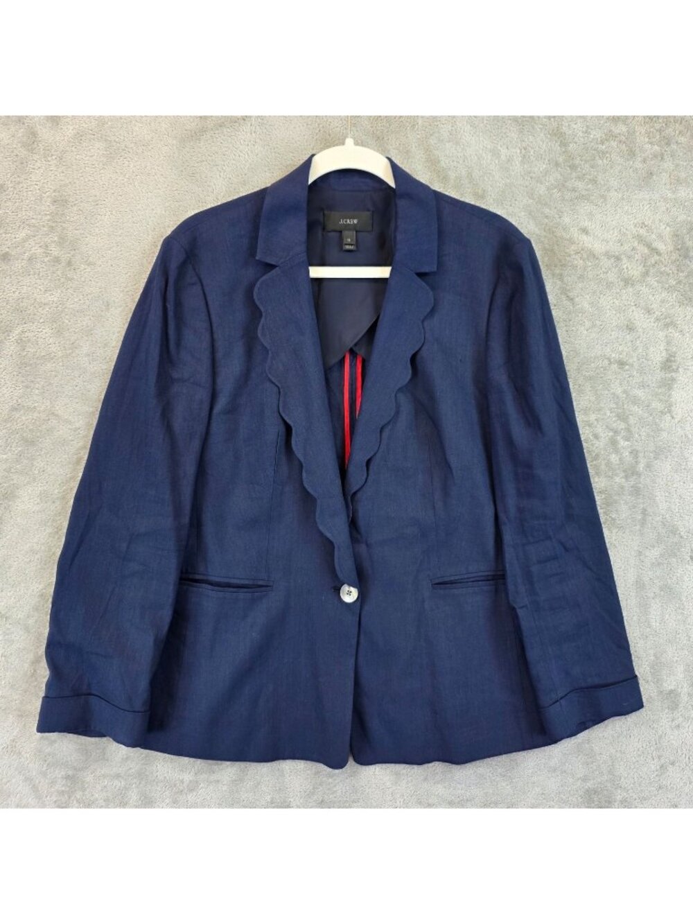 J Crew Blazer Womens 12 Navy Blue Scallop Trim One Button Lined Jacket Work
